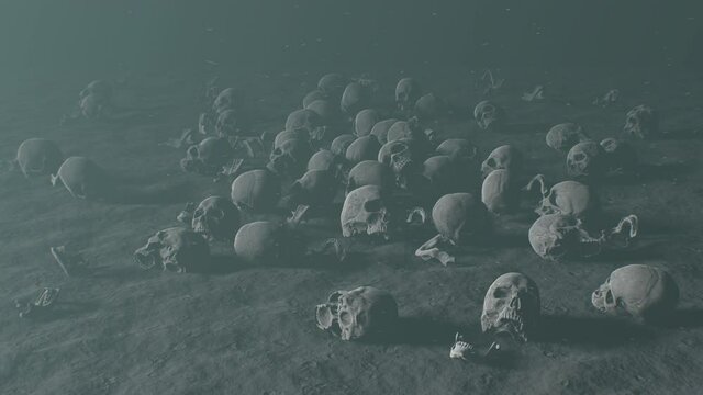 An archaeological site of mass grave with a large number of human skulls scattered on the ground as the apotheosis of War