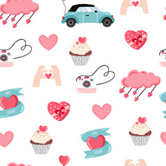 Cute valentine background with heart,cake,car.Vector illustration seamless pattern for background,wallpaper,fabric