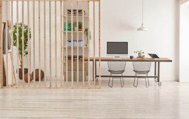 Modern office interior style with long table computer and folding screen decoration, bookshelf lamp...
