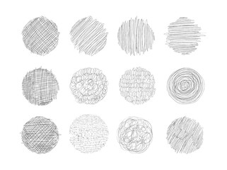 Set of grunge textures with pencil, pen. Circles with different shading, engraving. A set of round shapes with free lines for design. Vector illustration isolated on white background