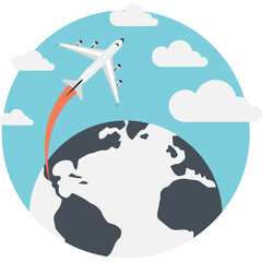 Global travel flat vector illustration. globe with aeroplane 