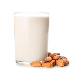 Glass of almond milk isolated on white background