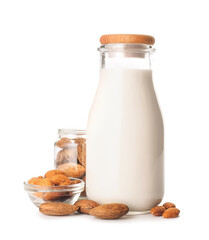 Bottle of almond milk isolated on white background