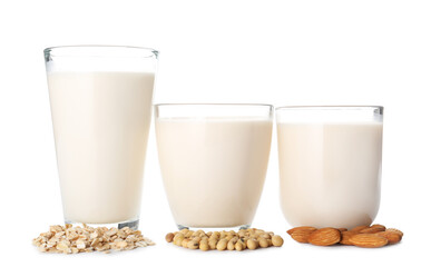 Glasses of different milk isolated on white background