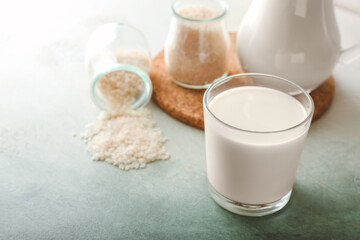 Glasses of rice milk on table