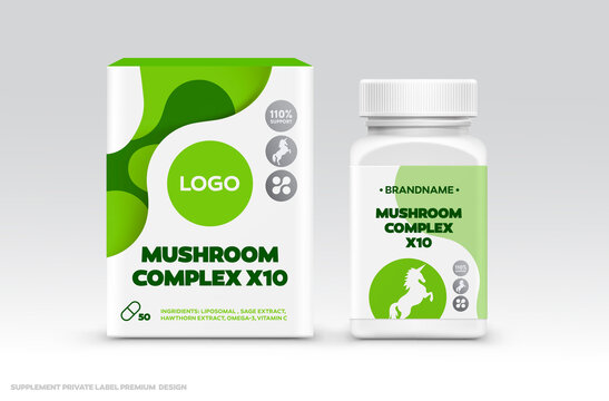 Supplement Food Package Design Template. Private Label Healthy Food Package Design Concept Mockup. Box and Bottle Jar Sticker Mushroom Complex Organic Healthy Supplement Package Design.