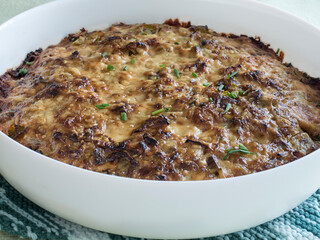 Cheese colored casserole fresh from oven