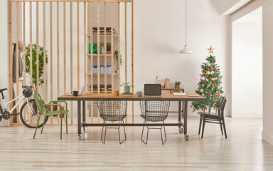 Modern and decorative office interior style with wooden long table, black metal chair, computer and laptop style.