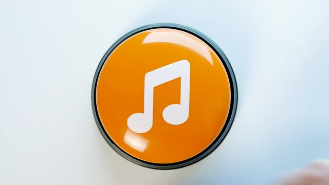 Pressing button with music sign. Woman downloads track on the Internet. Push the note symbol to start listening to music. Musical app, website, social media live streaming. Audio technology, play icon