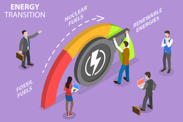 3D Isometric Flat Vector Conceptual Illustration of Energy Transition, Structural Change in an Eenergy System from Fossil Fuels to Renewable Energy.