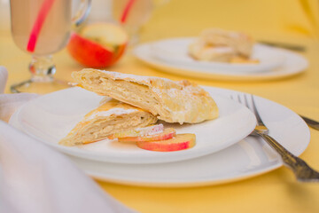 Strudel with cottage cheese and apple on a white ceramic plate.
