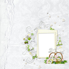 Elegance white frame for two photos. Wedding memory album in scrapbook style. Gentle scrapbooking page with laces and flowers