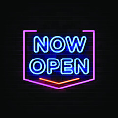 Now Open Neon Signs Vector. Design Template Neon Style