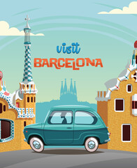Ride through Guell park , landmark of Barcelona , in blue car - obrazy, fototapety, plakaty