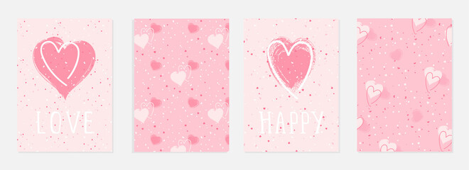 Valentine day cards with watercolor hearts,  grunge elements and hand drawn lettering. Vector backgrounds set.