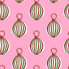 Seamless pattern with Christmas tree decoration - white ball with red and green stripes, traditional ornament. Hand painted watercolor illustration on pink background