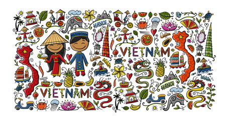 Travel to Vietnam. Frame with traditional Vietnamese cultural symbols. Vietnamese landmarks and lifestyle of people