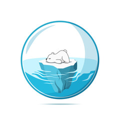 Illustration of baby polar bear lying on iceberg inside crystal ball. Isolated on blue background