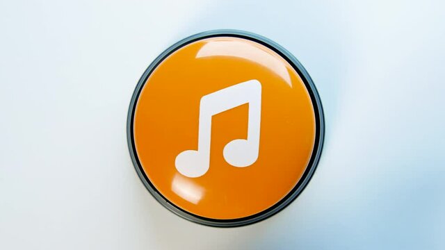 Pressing button with music sign. Woman downloads track on the Internet. Push the note symbol to start listening to music. Musical app, website, social media live streaming. Audio technology, play icon