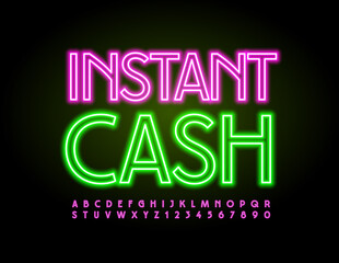 Vector glowing logo Instant Cash.  Pink Light Font. Neon Led Alphabet Letters and Numbers set