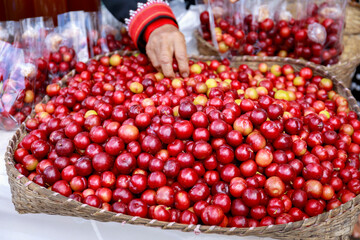 Nectarine fruits in basket at street food in Thailand