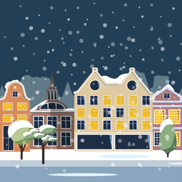 Night winter European city - houses and shops, trees, a Park with lanterns and benches, a snow-covered city. Vector illustration in a flat style is suitable as a banner, postcard or template © Viktoriia Melkisheva