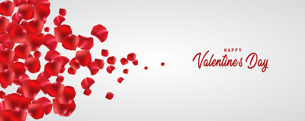 Valentine's Day text and red rose petals, Flowers composition. Round frame made of rose flowers, confetti on white background. Valentines day background. Flat lay, copy space.