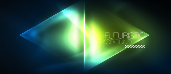 Naklejka premium Neon geometric abstract background. Triangles with color glowing light effects in the dark. Vector illustration for covers, banners, flyers and posters and other
