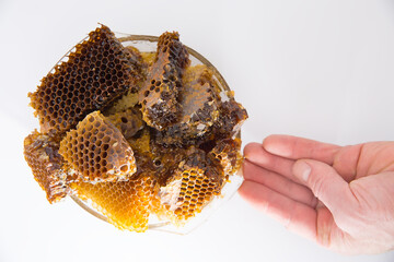 Wild bee honey lies in a glass plate. Photo from above. White background. The man's hand points to a plate of honey.