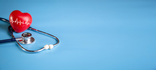 red heart with stethoscope, heart health Insurance for your health concept.Annual health check