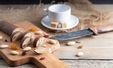 Homemade marzipan bar with chocolate