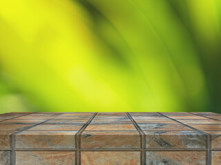 wooden table and grass, abstract green background