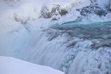closeup view of gullfoss waterfall in Iceland in winter