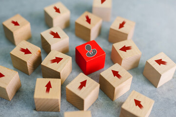 Concept of human resource management and recruitment business Hand put wood cube block on top...