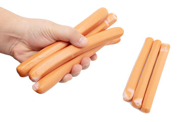 Meat sausages in hand isolated on white