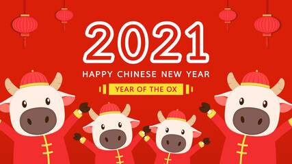 Chinese Happy new year 2021. Happy new year. Year of the Ox. Ox cartoon vector. Ox character design.