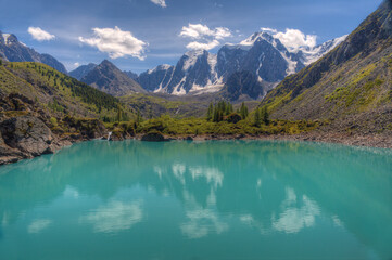 A beautiful lake in a mountain valley. Mountains, sky with clouds. Natural background.