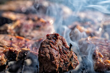 Meat on skewers grilled over an open fire with smoke close up. Barbecue