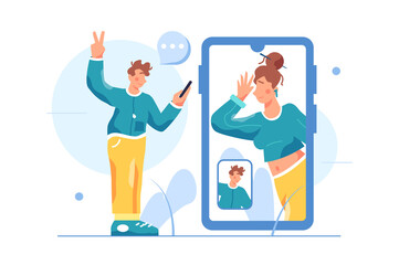 Guy talking on video communication with a girl through a big mobile phone, guy holding a phone in his hand, isolated on white background, flat vector illustration
