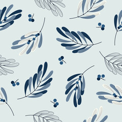 calm pastel blue natural seamless pattern with blue leaves and berries in vintage style