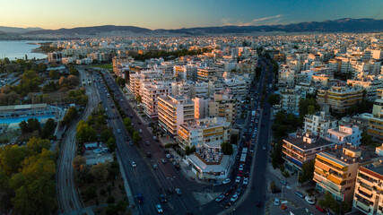 Obraz premium Aerial drone bird's eye view of marina in Athens with docked yachts, Piraeus Harbour port of Athens