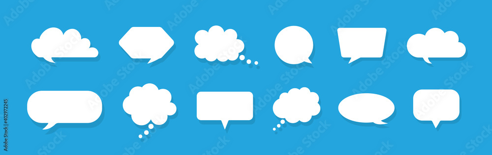 Poster speech bubbles. chat for thought and talk. white clouds for comment on blue background. balloons for