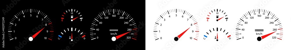 Poster car speedometer. dashboard of auto with gauge of speed, tachometer, odometer. icons isolated on blac