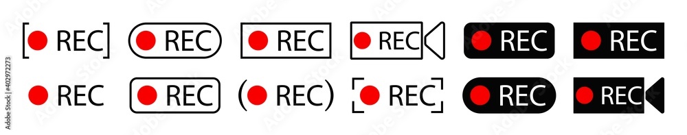 Poster rec icon. button of record. sign of recording video. red and black symbol for start of rec audio or 