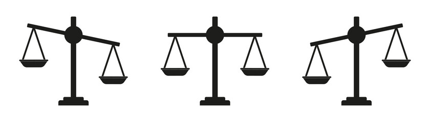 Icon of justice. Scale and balance for law. Integrity for judge. Symbol of legal or litigation. Simple black logos for lawyer, weigh, truth, court and criminal. Equal and imbalance on libra. Vector