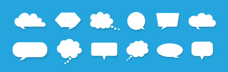 Speech bubbles. Chat for thought and talk. White clouds for comment on blue background. Balloons for speak, dialog and text. Cartoon icons for message and announcement in flat style. Vector