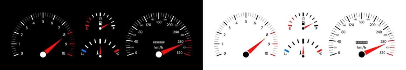 Car speedometer. Dashboard of auto with gauge of speed, tachometer, odometer. Icons isolated on black and white background. Panel of meter of fuel, engine rpm and temperature. Sport car. Vector