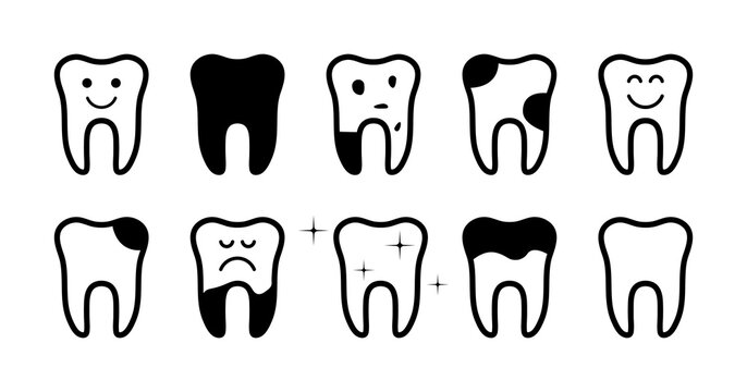 Icon of health tooth and tooth with pain. Clean, broken and caries teeth. Shiny or bad teeth. Black icons in line style. Illustration for dental, care of cavity and treatment of teeth. Vector