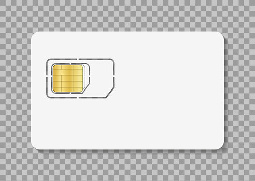 Sim card. Icon of simcard for mobile phone. Nano, micro sim with chip of identity. White mockup isolated on transparent background. Icon for cellphone. Microchip for wireless connection. Vector