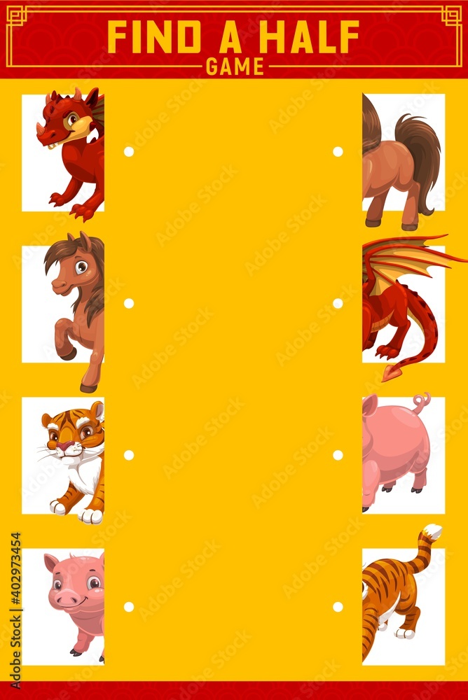 Poster children find right half game with chinese zodiac animals. child logical riddle, kids educational ga